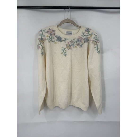 Alfred Dunner Floral Embroidered Sweater Women Medium Ivory Wool Blend Whimsical - Picture 1 of 8